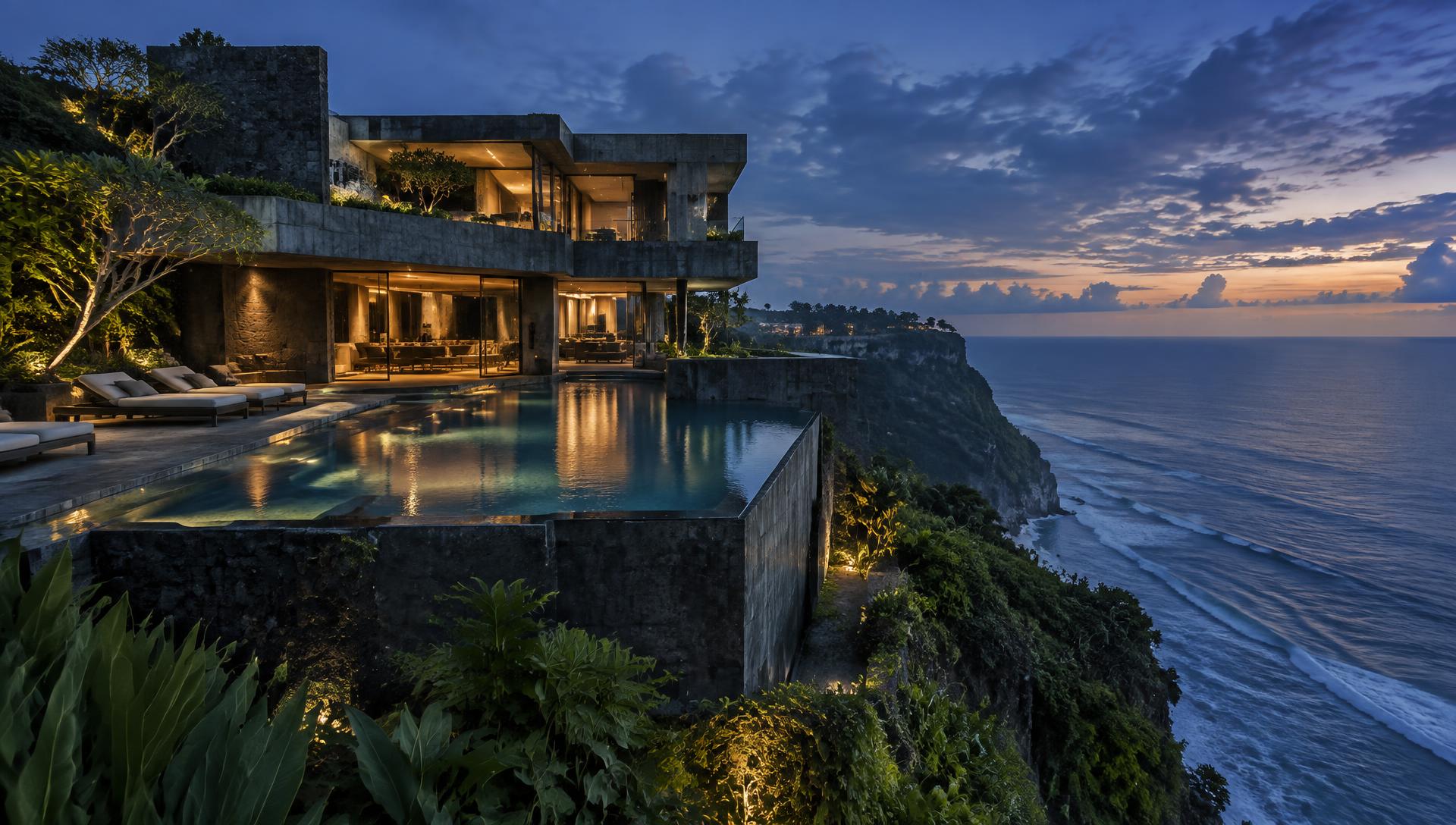 Vila mewah di tebing Uluwatu pada senja hari